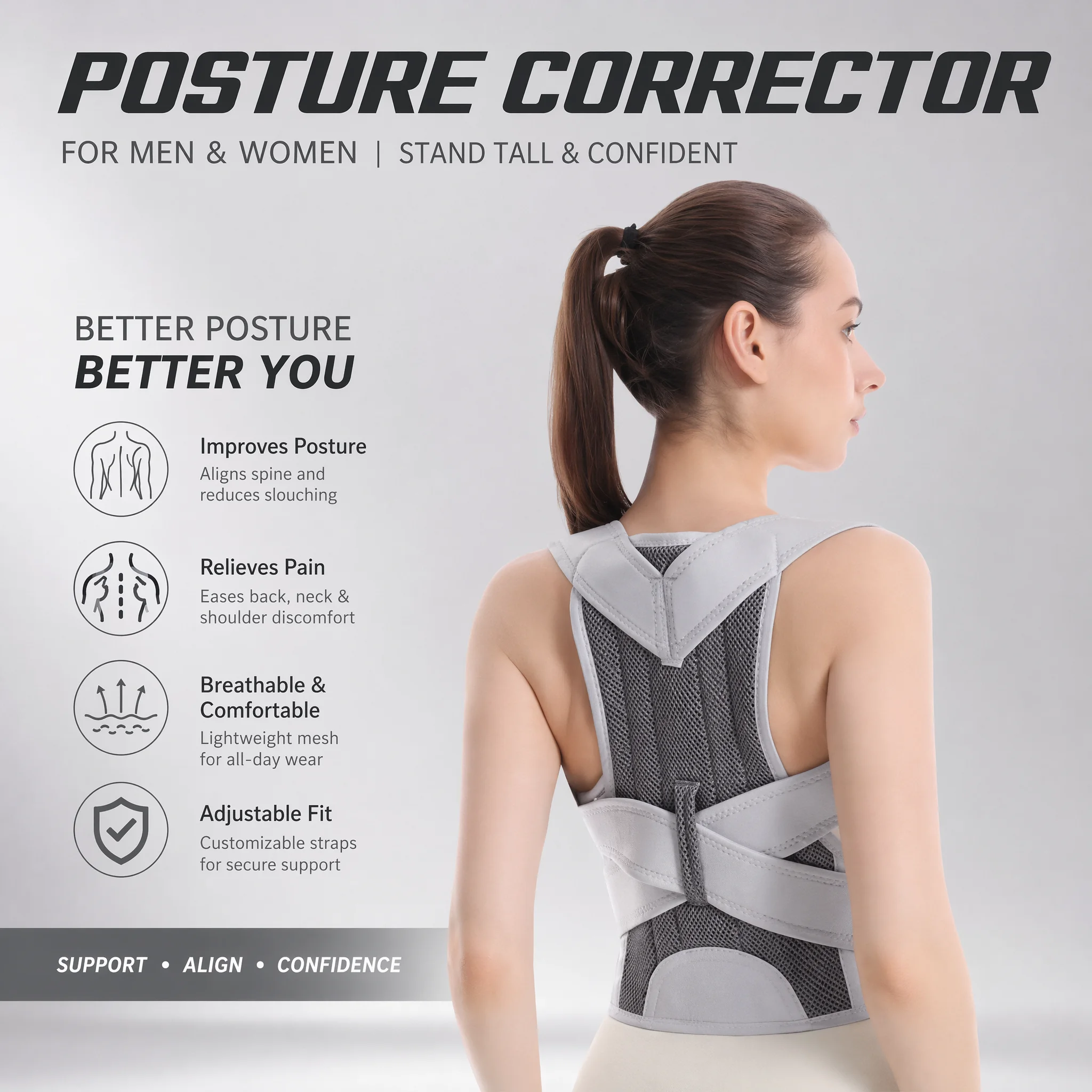 Posture Pole Corrector - 새로운 디자인의 험프백형 등받이 지지대, 상부
